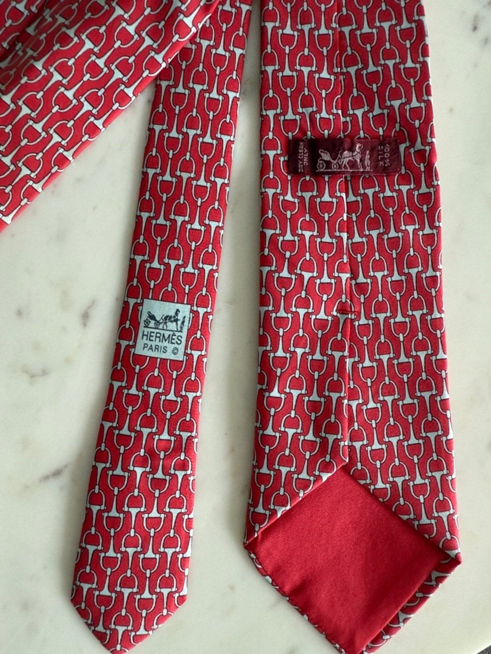 Hermes Red and White Silk Equestrian Link Tie